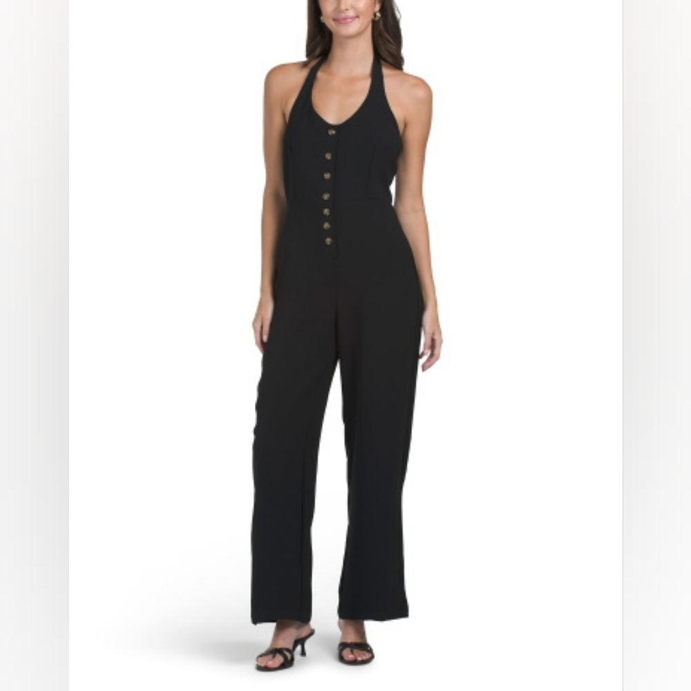 NWT - Hunter & Brown Black Halter Neck Button Front Smocked Back Jumpsuit-Size L